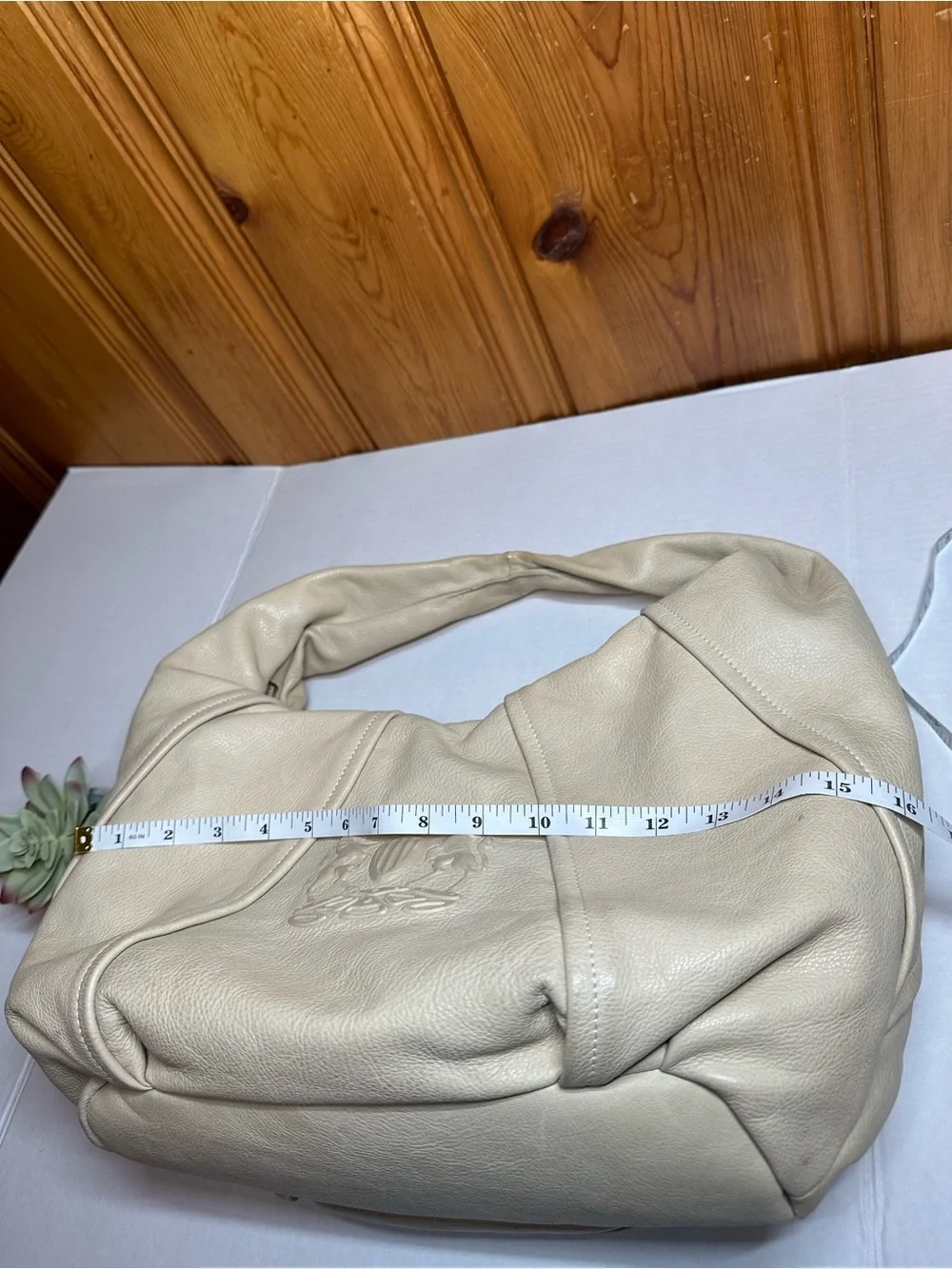 Cream Leather Shoulder Hobo Bag with Embossed Crest